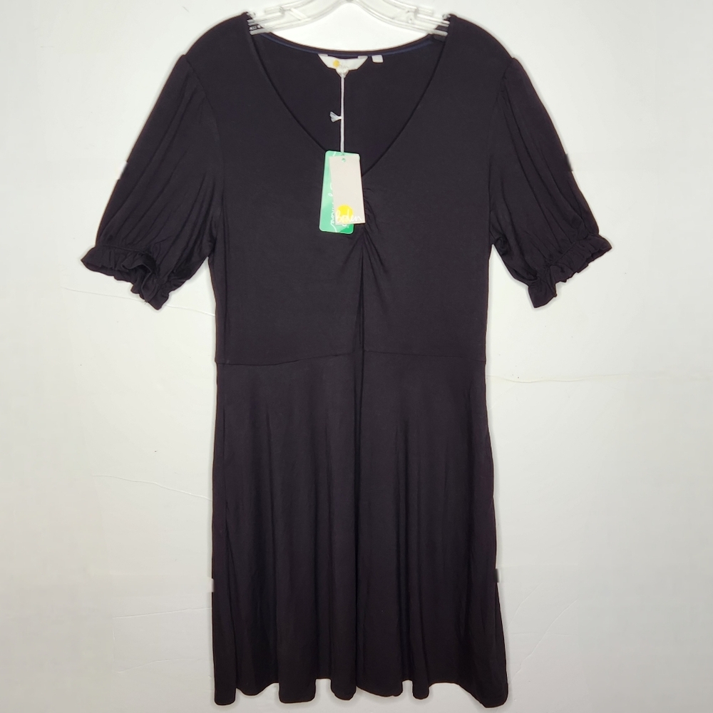Boden NWT V-Neck Jersey Dress Womens 10R BLACK D0136 Gathered Ruffle British